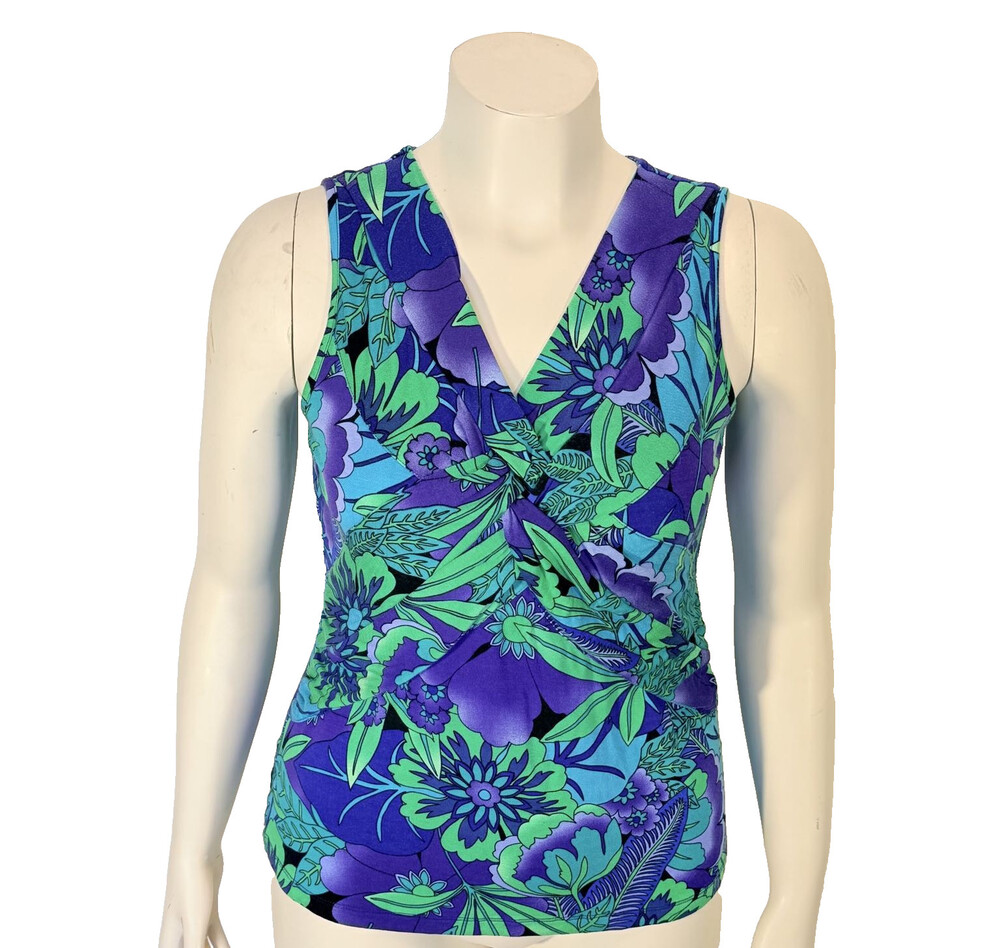 Cable & Gauge Blue Green Women's XL Vibrant Floral Wrap Top V-Neck